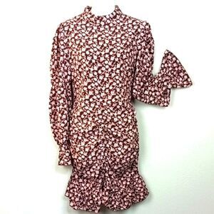 Womens Pink/brown Ditsy Floral Long Sleeve Ruched Ruffle Hem Dress sz L